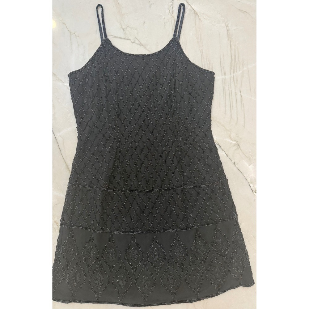 Papell Boutique Y2K Black 100% Silk Beaded Mini Dress Women Sz 12 Vintage #74